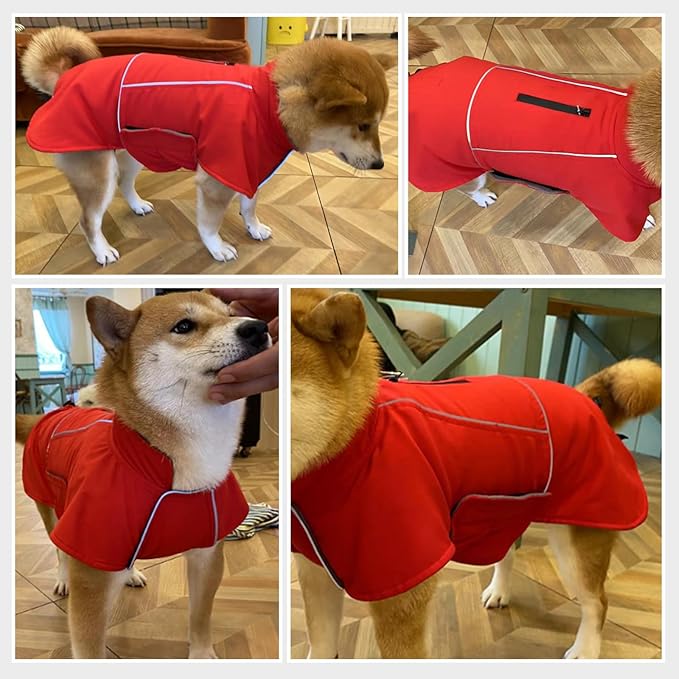 ROZKITCH Dog Jackets for Large Dogs, Coat with Harness Opening with Fleece Lining Reflective Strip for Extra Large Pet, Waterproof Adjustable Poncho Vest for Outdoor Hiking Travel Red 3XL