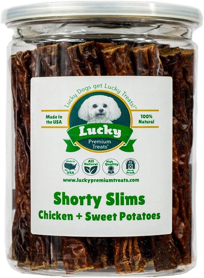 Lucky Premium Treats Lucky Shorty Slims - Sweet Potato and Chicken Jerky Dog Treats, Crunchy Dog Chew Sticks with Real Chicken and Sweet Potato for Small to Large Dogs (29 Count)