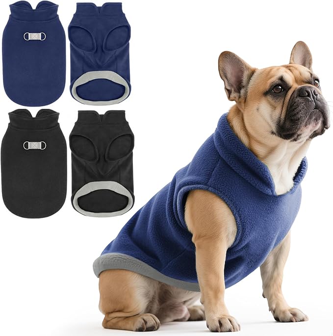 Idepet 2 Pack Dog Fleece Vest Sweater Warm Pullover Jacket with D-Ring Leash Reflective Winter Coat Hoodie for French Bulldog Pug Chihuahuas Yorkies Dachshunds(Black&Blue,X-Large-French Bulldog)