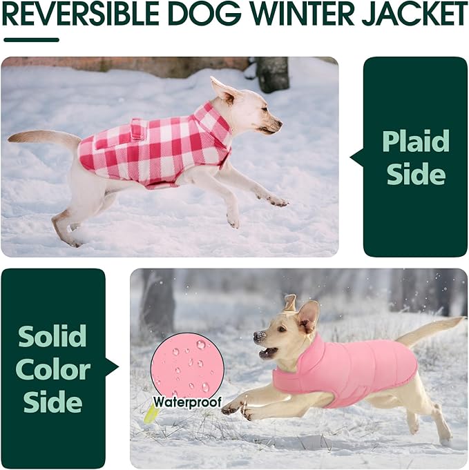 Kuoser Dog Winter Coat, Windproof Dog Fleece Jacket British Style Plaid Cold Weather Doggie Vest Coats, Reversible Cozy Warm Pet Clothes Apparel for Large Size Dogs XL