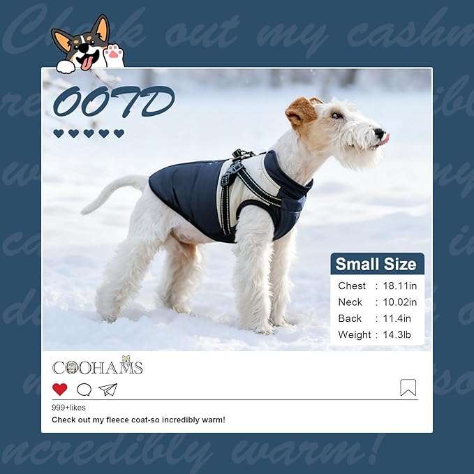 Dog Winter Coat for Small & Medium Dogs (Up to 31lb), Waterproof Dog Coat with Harness, Puppies Windproof Puppy Puffer Jacket, Snowsuit for Dachshund,Frenchie, Corgi (Classic Blue, XLarge)