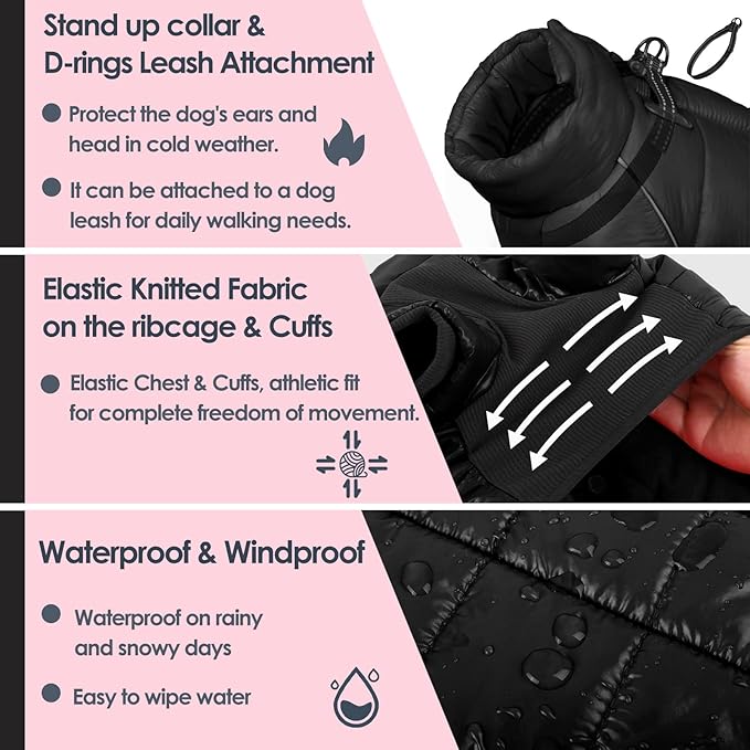 AOFITEE Dog Coat, Waterproof Dog Jacket for Winter, Warm Fullbody Dogs Snowsuit, Winter Coat for Small Dogs, Zip Up Pet Puffer Jacket Fleece Vest, Outdoor Reflective Cold Weather Pet Coats, Medium