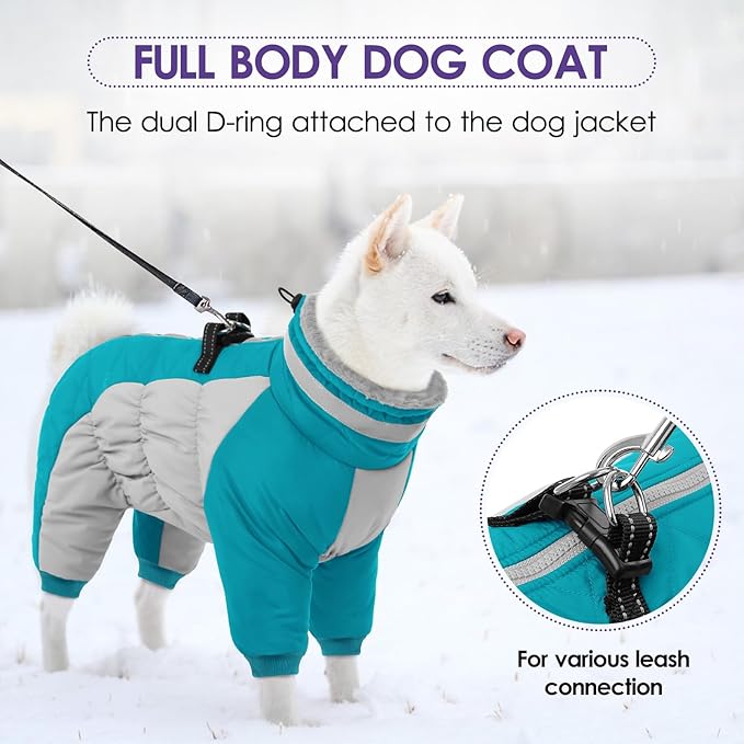 SUNFURA Full Body Dog Coat - Warm Fleece Jacket for Medium Dogs, Turtleneck Winter Coats with Harness, Reflective Dog Snowsuit Windproof Puffer Jackets with Legs for Boston Terrier, Turquoise M