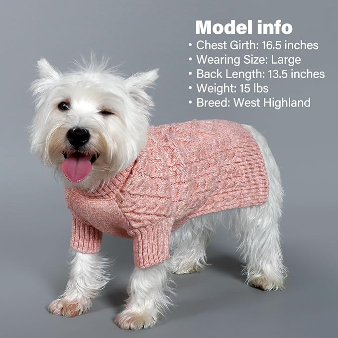 KYEESE Dog Sweater Warm Dogs Clothes Long Sleeve Pet Coats Comfy Dog Sweater for Small Medium Dogs Turtleneck Classic Cable Knit Pet Sweater for Cold Weather, Pink, X-Large