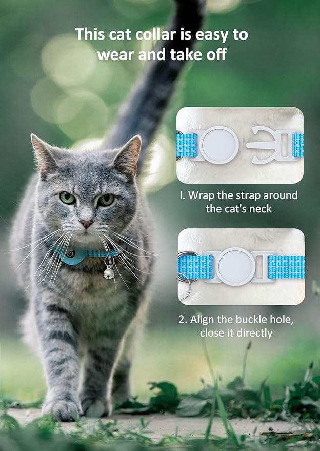 AirTag Cat Collar, Reflective Kitten Collar Breakaway Apple Air Tag Cat Collar, GPS Cat Collar with AirTag Holder and Bell, Lightweight Tracker Cat Collars for Girl Boy Cats Puppies (Luminous Blue)