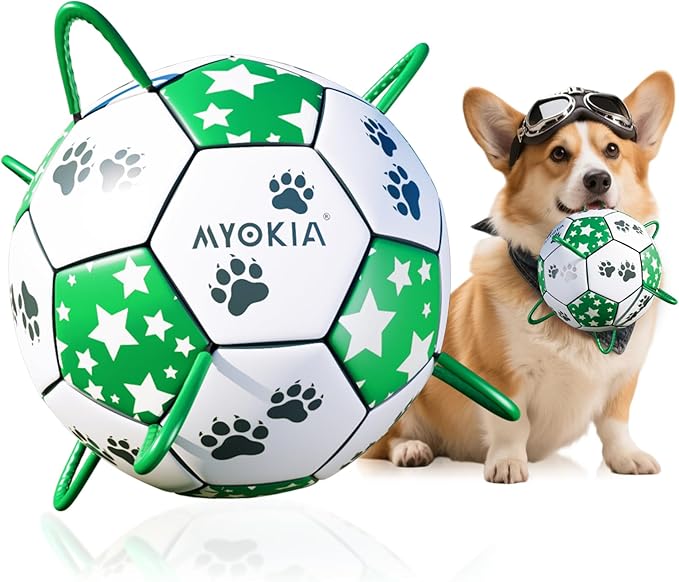 Size 2 Dog Soccer Ball with Straps White & Green Durable Training Ball for Pets Interactive Outdoor Dog Toy, for Small & Medium Puppies, Pet Supplies