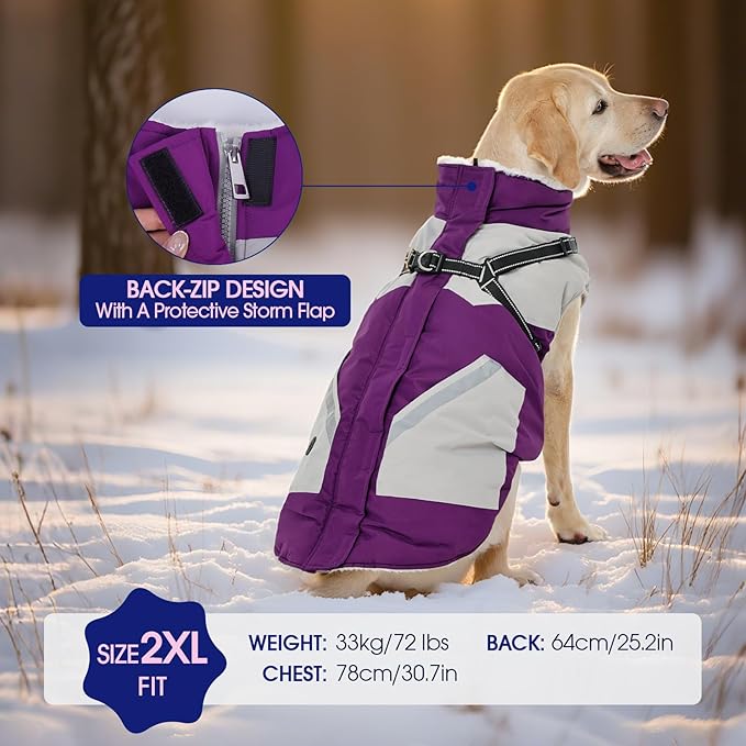 FUAMEY Dog Winter Jackets for Small Dogs,Dog Coat with Harness Built in,Waterproof Dogs Snowsuits Warm Pet Jacket Zip Up Fleece Cold Weather Coats Reflective Puppy Vest with Pocket Purple S