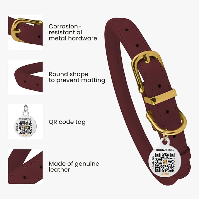 BronzeDog Rolled Leather Dog Collar with QR ID Tag, Adjustable Soft Round Collars for Small Medium Large Dogs Puppy (7" - 10" Neck Size, Burgundy)