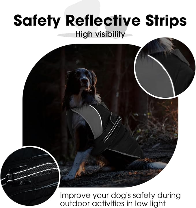 Nanaki Warm Fleece Lined Winter Coat Jacket Vest For Dogs, Waterproof Reflective Dog Snowsuit With Leash Hole, Furry Collar Medium Puppy Coat for Outdoor Walking Hunting, Easy On Pet Snowsuit Black XL