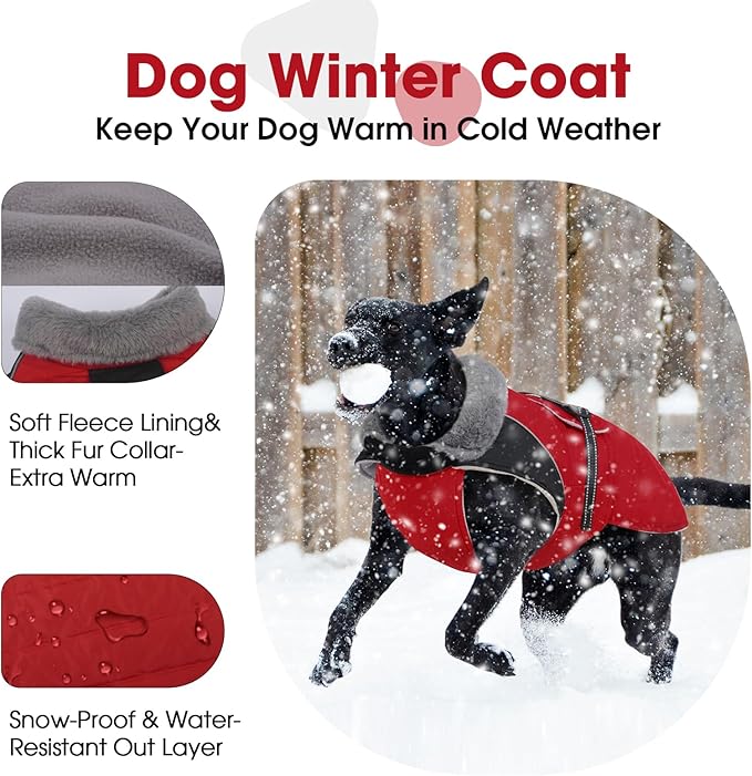 Nanaki Dog Coat Jacket for Large Dogs Winter Waterproof, Warm Fleece Lining Furry Collar Large Dog Jacket with Leash Hole, Reflective Cold Weather Pet Jacket Outdoor Walking Hunting,Easy On Red 3XL