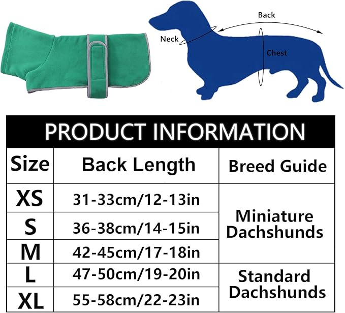 Geyecete Dachshund Sweaters - Dachshund Dog Jacket, Winter Coat with Padded Fleece Lining, High Collar, Adjustable Sizes - Green - M