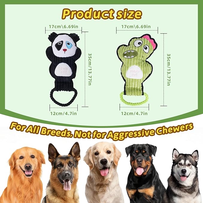 2-Pack Squeaky Dog Toys & Tough Tug of War Set - No Stuffing Chew-Resistant Plush Toys to Keep Them Busy, Best Birthday Gift for Small/Medium/Large Breeds (Panda & Dino)