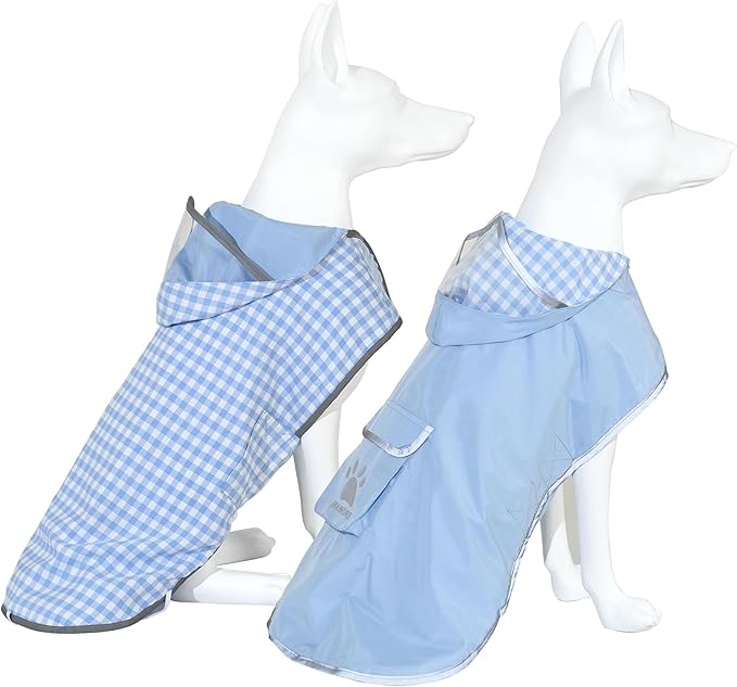 MAMORE Dog Raincoat Reversible,Waterproof Dog Rain Coat Hooded Slicker Poncho with Reflective Strip, Plaid Double Layer Rain Jacket for Small Medium Large Dogs (Light Blue, X-Small)