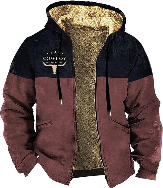 Men's Western Aztec Jackets Hooded Cowboy Hoodie Warm Full Zip Ethnic Vintage Long Sleeve Coat Fall Winter Tops