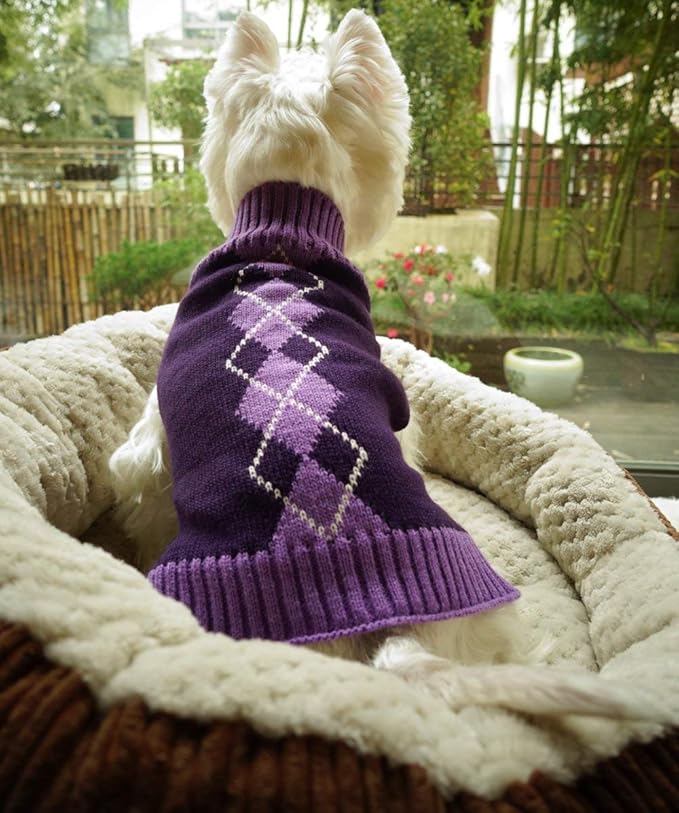 Alemon Argyle Knit Pet Sweaters Clothes for Small Dogs, Classic Purple Medium M Size