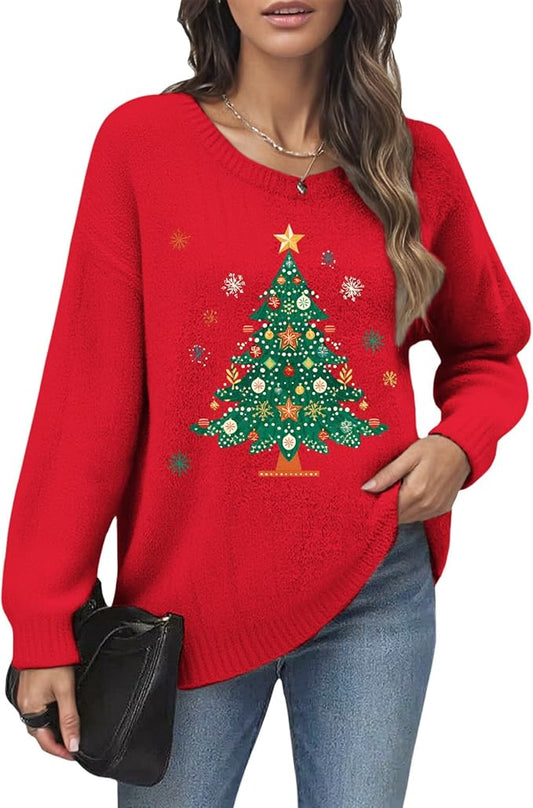Women's Red Christmas Sweater - Festive Cartoon Patterns, Cozy Knit for Holiday Parties & Gatherings