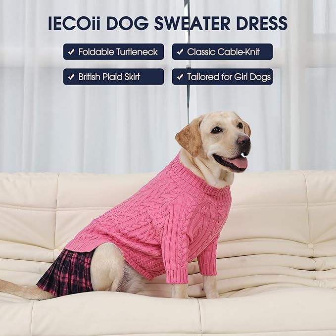 IECOii Girl XXL Dog Sweater Dress, Cozy Cable Knit Dog Sweater for Large Dogs Girl, Pink, XXLarge, 2XL Pet Pullover Knitted Dress for Winter, Turleneck with Sleeve, Warm Sweaters for Female Pitbull