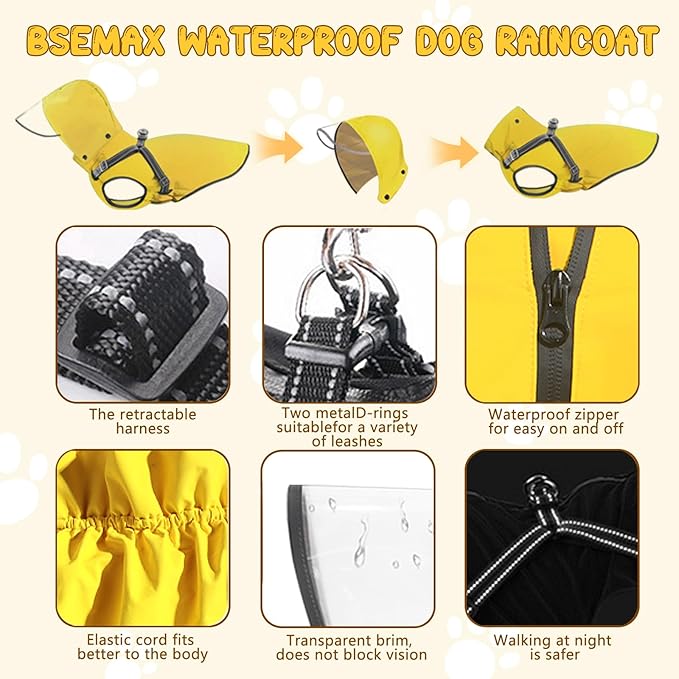 Dog Raincoat: Dog Rain Jacket with Reflective Harness & Removable Hood | Waterproof Dogs Rain Coat Poncho for Large Medium Small Dogs Puppies (Yellow - XXL)