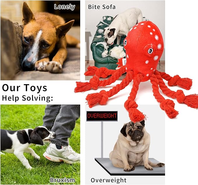 Dog Toys, Dog Plush Toy for Large Breed, Cute Squeaky Dog Toys with Rope Legs, Stuffed Animal Dog Chew Toys for Puppy, Small, Middle, Big Dogs (Red(Octopus))
