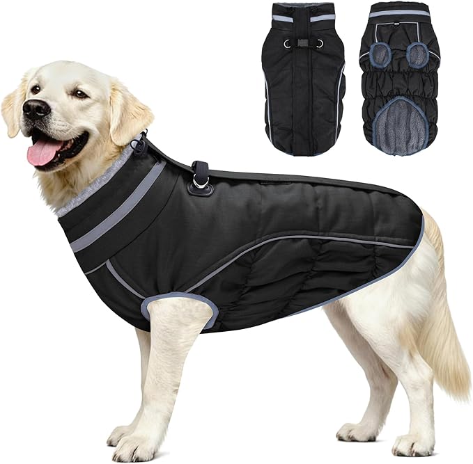 Malier Dog Coat, Reflective Dog Jacket Waterproof Windproof Puppy Cold Weather Coats with Harness Built in, Winter Extra Warm Pet Coat Fleece Vest for Small Large Pets and Puppy (Black, Large)