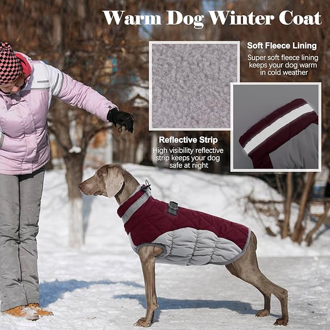 Lelepet Dog Coat Warm Dog Winter Coat Waterproof Dogs Jacket with Harness Built in Reflective Pet Fleece Vest Zip-Up Cold Weather Coats for Large Dogs Turtleneck & Windproof Boston Terrier Wine Red L
