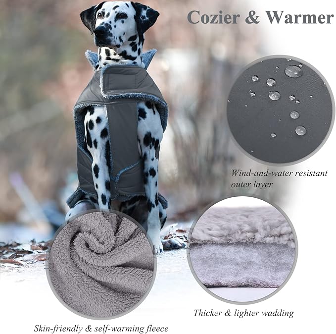 VIVAGLORY Frostfit Dog Coat, Dog Jacket for Winter & Cold Weather, Warm Fluffy Fleece Lined Water Resistant Reflective for Puppy, Coat with Velcro Fastening & Leash Hole, L, Grey