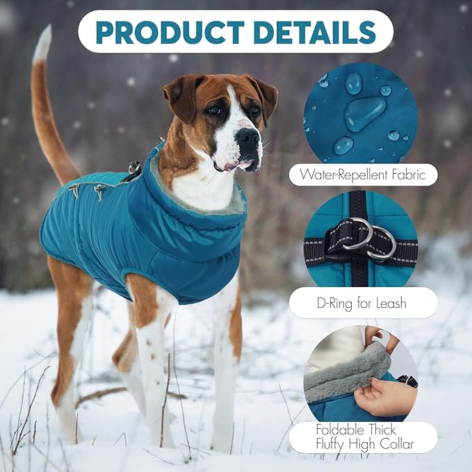 IDOMIK Warm Dog Coat with Harness, Waterproof Reflective Dog Jackets for Small Medium Large Dogs, Fleece High Collar Winter Jacket with Zipper, Pet Winter Snowsuit Clothes for Cold Weather,Blue 2XL