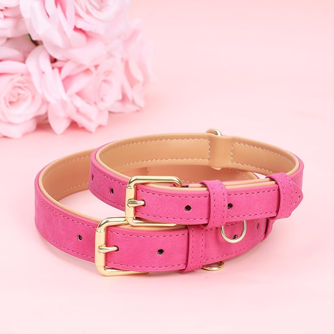 Leather Dog Collar for Small Medium Large Dogs, Soft Padded Dog Leather Collar with Heavy Duty Gold Buckle, Durable & Comfortable for Puppy Dogs Daily Walking (Hot Pink, XS)