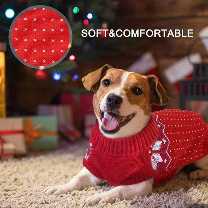 Kuoser Dog Sweater, Holiday Christmas Snowflake Pet Warm Knitwear Dog Sweaters Soft Puppy Clothing, Doggie Turtleneck Cold Weather Outfit Pullover for Small Medium Large Dogs Cats, Red XL