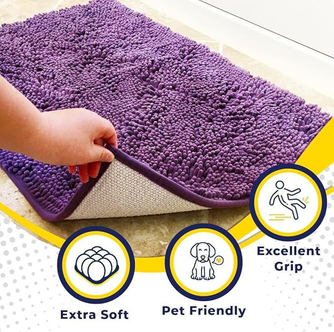 Muddy Mat® AS-SEEN-ON-TV Highly Absorbent Microfiber Door Mat and Pet Rug, Non Slip Thick Washable Area and Bath Mat Soft Chenille for Kitchen Bathroom Bedroom Indoor and Outdoor - Purple 24" x 120"