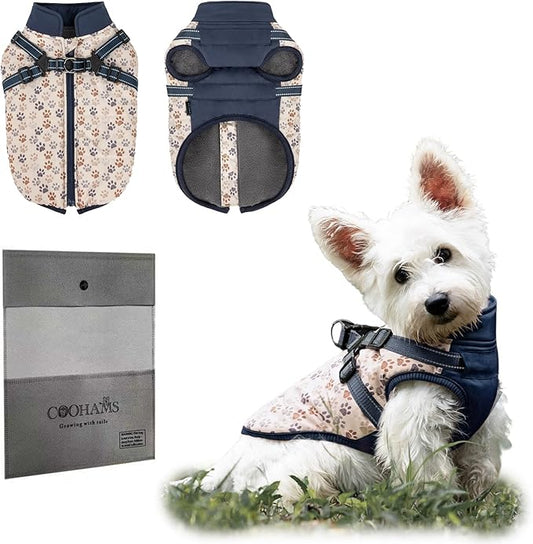Dog Winter Coat for Small & Medium Dogs (Up to 31lb), Waterproof Dog Coat with Harness, Puppies Windproof Puppy Puffer Jacket, Snowsuit for Dachshund,Frenchie, Corgi (Paw Blue, Small)