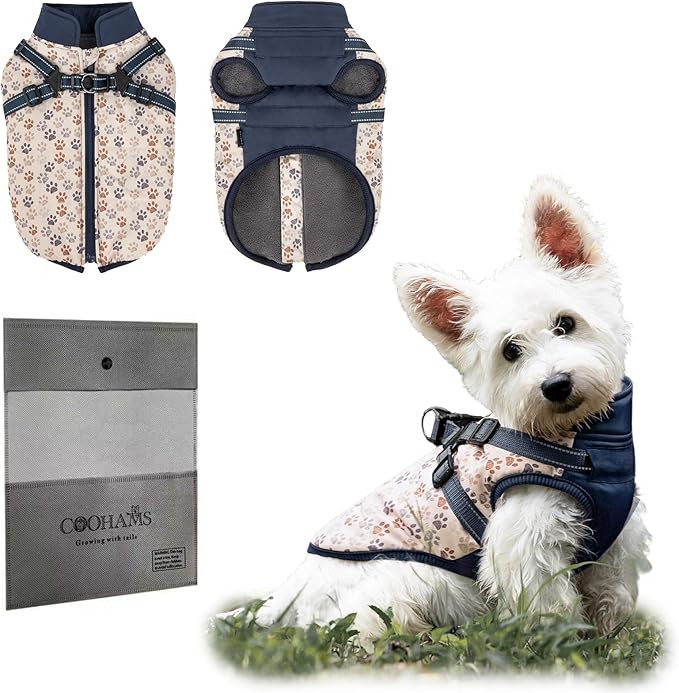 Dog Winter Coat for Small & Medium Dogs (Up to 31lb), Waterproof Dog Coat with Harness, Puppies Windproof Puppy Puffer Jacket, Snowsuit for Dachshund,Frenchie, Corgi (Paw Blue, Large)