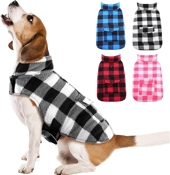 Kuoser Dog Winter Coat, Windproof Dog Fleece Jacket British Style Plaid Cold Weather Doggie Vest Coats, Reversible Cozy Warm Pet Clothes Apparel for Medium Dogs M