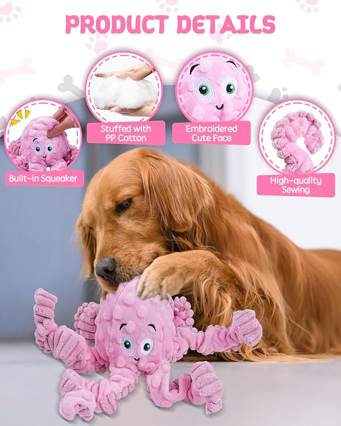 Dog Toys Squeaky, Interactive Plush Stuffed Octopus Tug of War Toy, Puppy Teething Pet Toy for Small Medium Large Dogs to Keep Them Busy
