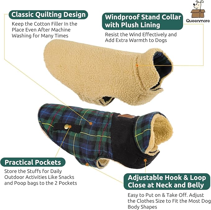 Queenmore Dog Winter Coat Warm Dog Jacket for Cold Weather, Quilting Puffer Plaid Coats for Small/Medium Dogs Waterproof,Girl/Boy Pet Christmas Coat,Pet Snowsuit with Leash Hole/Fleece Padding, L