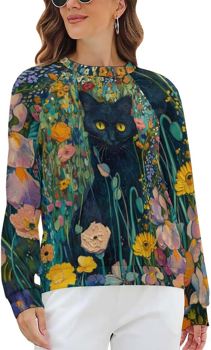 Long Sleeve Shirts for Women Cat Oil Painting Shirt 3D Graphic Sweatshirts Fall Pullover Crewneck Vintage Boho Tops