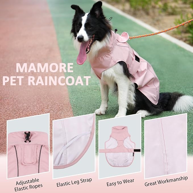 Waterproof Dog Raincoat, Adjustable Lightweight Dog Rain Jacket with Reflective Strip Leash Hole for Small Medium Large Dogs (Pink, Small(9-13lb))