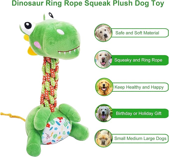 Large Squeaky Plush Dinosaur Dog Toy Durable Chew Toy for Aggressive Chewers Interactive Tug of War Fetch Toy Soft Rope Neck for Small Medium Large Dogs