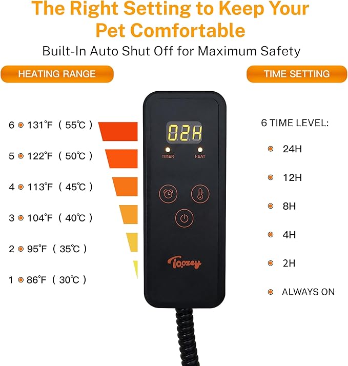 Toozey Medium Pet Heating Pad, 28x20 in, 6 Temp Settings, Timer, Waterproof, Chew-Resistant Cord, for Dogs and Cats