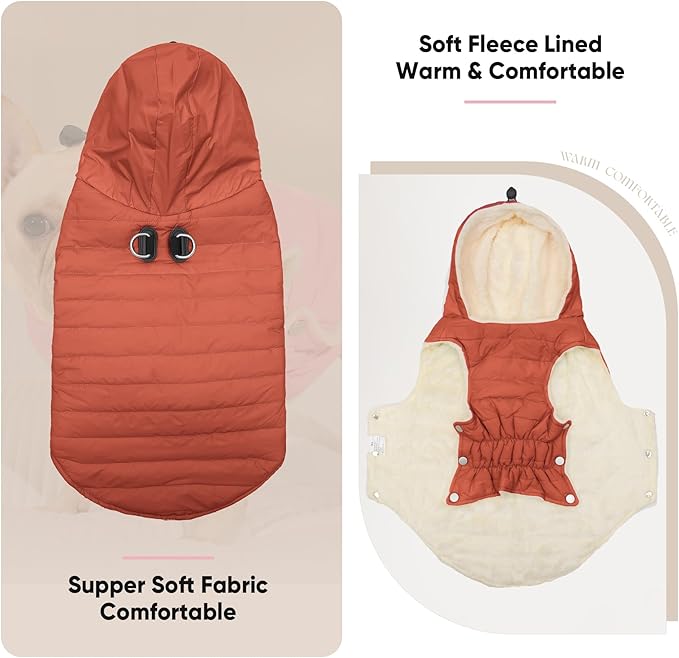 Fleece Lining Dog Hoodie with Harness Built in,Extra Warm Medium Dog Jacket in Winter Doggie Coats with Drawstring Hooded,Orange XL
