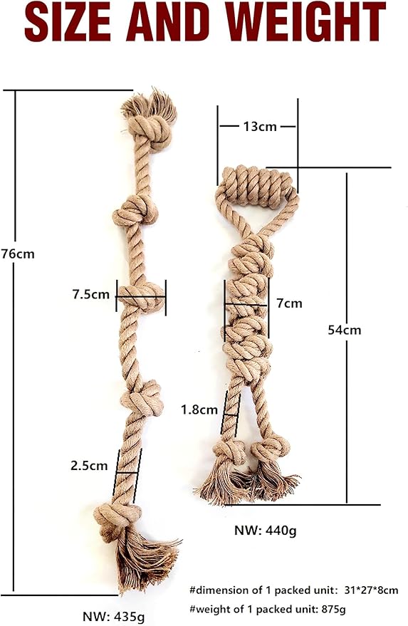 Pure Natural Hemp Rope Dog Toys, Aggressive Chewers, Indestructible, Unbreakable, Sturdy and Chemical Free Toys, Tug of War Pull Rope-Set of 2