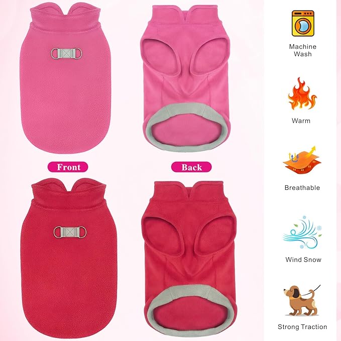 Idepet 2 Pack Dog Fleece Vest Sweater Warm Pullover Jacket with D-Ring Leash Reflective Winter Coat Hoodie for French Bulldog Pug Chihuahuas Yorkies Dachshunds(Red&Rose Red,Large-French Bulldog)