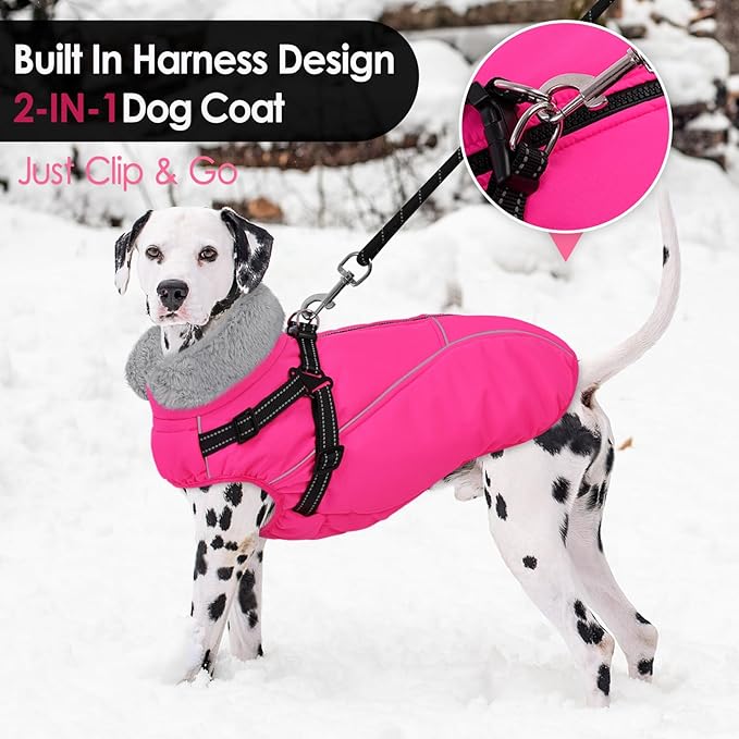AOFITEE Dog Jacket with Harness Built in, Waterproof Dog Coat for Small Dogs, Warm Fleece Pet Puffer Vest with Zipper on Back & Furry Collar, Reflective Dogs Snow Jacket Small Pet Snowsuit, Pink S