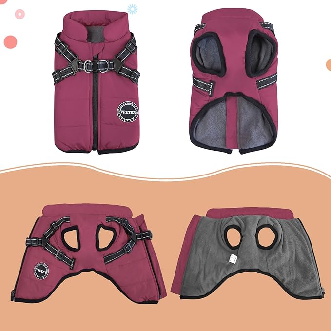 Dog Winter Coat,Warm Jacket Paded Fleece Pet Vest with Built in Harness,Windproof Reflective Cozy Adjustable Snow Pet Coat Clothes with Zipper for Small Medium Large Dogs
