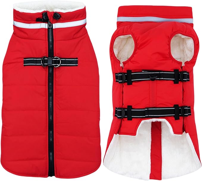 Medium Dog Coat with Harness Built-in, Waterproof Reflective Fleece Lined - Warm Windproof Winter Jacket with Back Zipper, Cold Weather Snow Dog Coats - Red - M