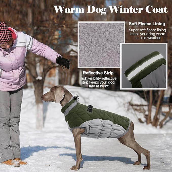Lelepet Dog Coat Warm Dog Winter Coat Waterproof Dogs Jacket with Harness Built in Reflective Pet Fleece Vest Zip-Up Cold Weather Coats for Medium Dogs Turtleneck & Windproof Dachshund Army Green M