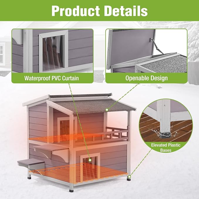 GUTINNEEN 2 Story Heated Cat House for Outside Outdoor Cat House Insulated Weatherproof Feral Cat Shelter with Heated Pad, Insulated All-Round Thermal Liner, Chewproof Cable for 1-4 Cats in Winter
