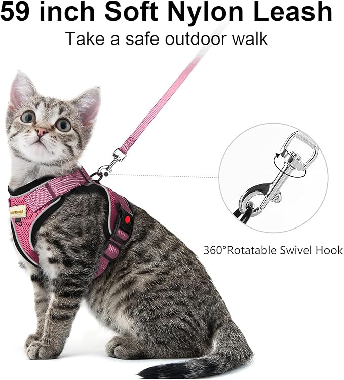 Cat Harness and Leash for Walking, Retractable Cat Harnesses and Leash Set Escape Proof, Breathable Soft Kitten Small Large Harness for Travel Training and Walking, Pink, XXS