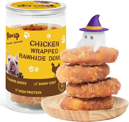 PAWUP Dog Treat Chicken Wrapped Rawhide (4pcs) for Large Dogs, Long Lasting Dog Treat Ring w/Taurine for Aggressive Chewer, 12.5oz