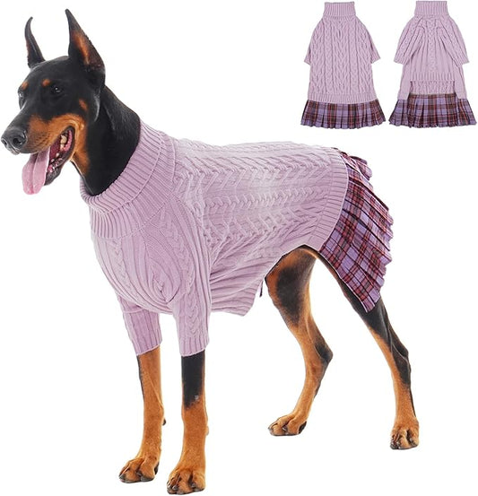 IECOii Girl XXL Dog Sweater Dress, Cozy Cable Knit Dog Sweater for Large Dogs Girl, Purple,XXLarge, 2XL Pet Pullover Knitted Dress for Winter, Turleneck with Sleeve, Warm Sweaters for Female Pitbull